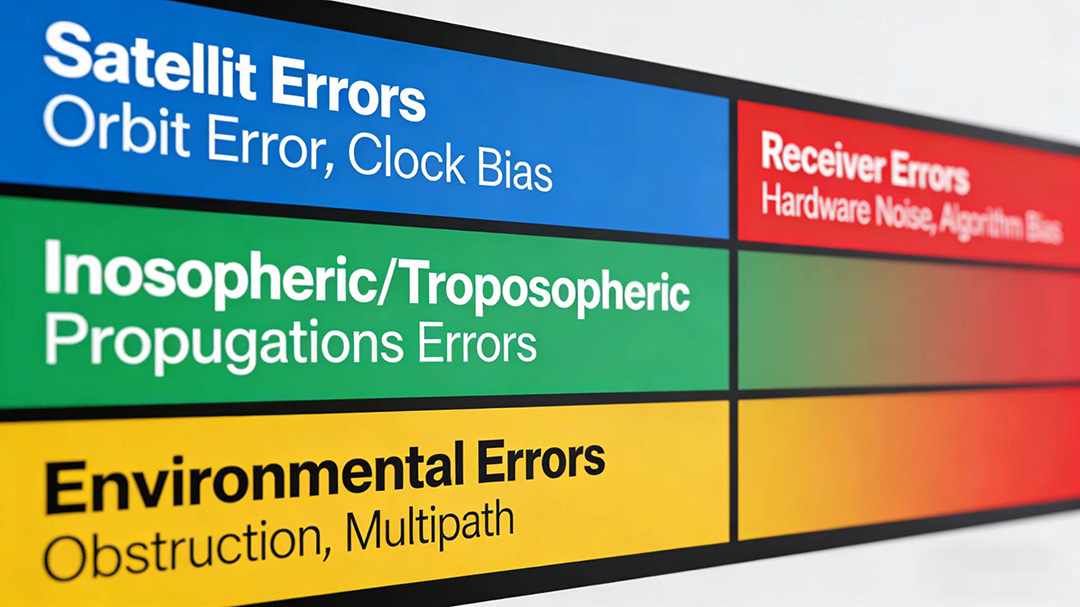 Graphic categorizing GNSS errors into satellite, atmospheric, environmental, and receiver-related sources.